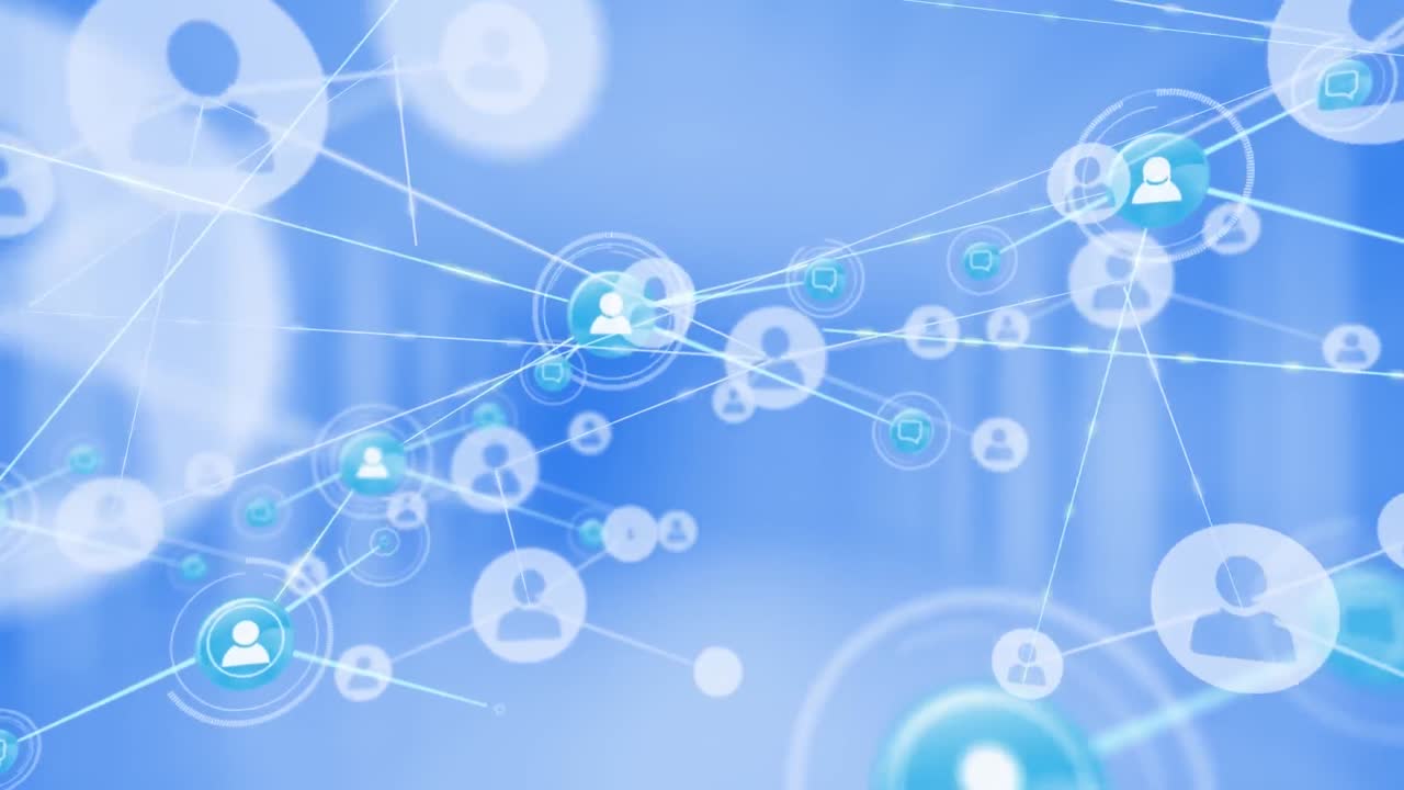 파란색 디지털 인터페이스의 점들을 연결하는 프로필 아이콘의 애니메이션