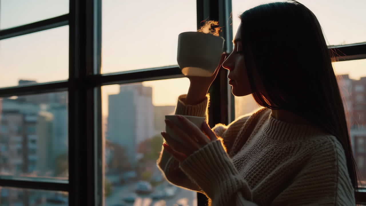Woman enjoying the sunrise with coffee by the window