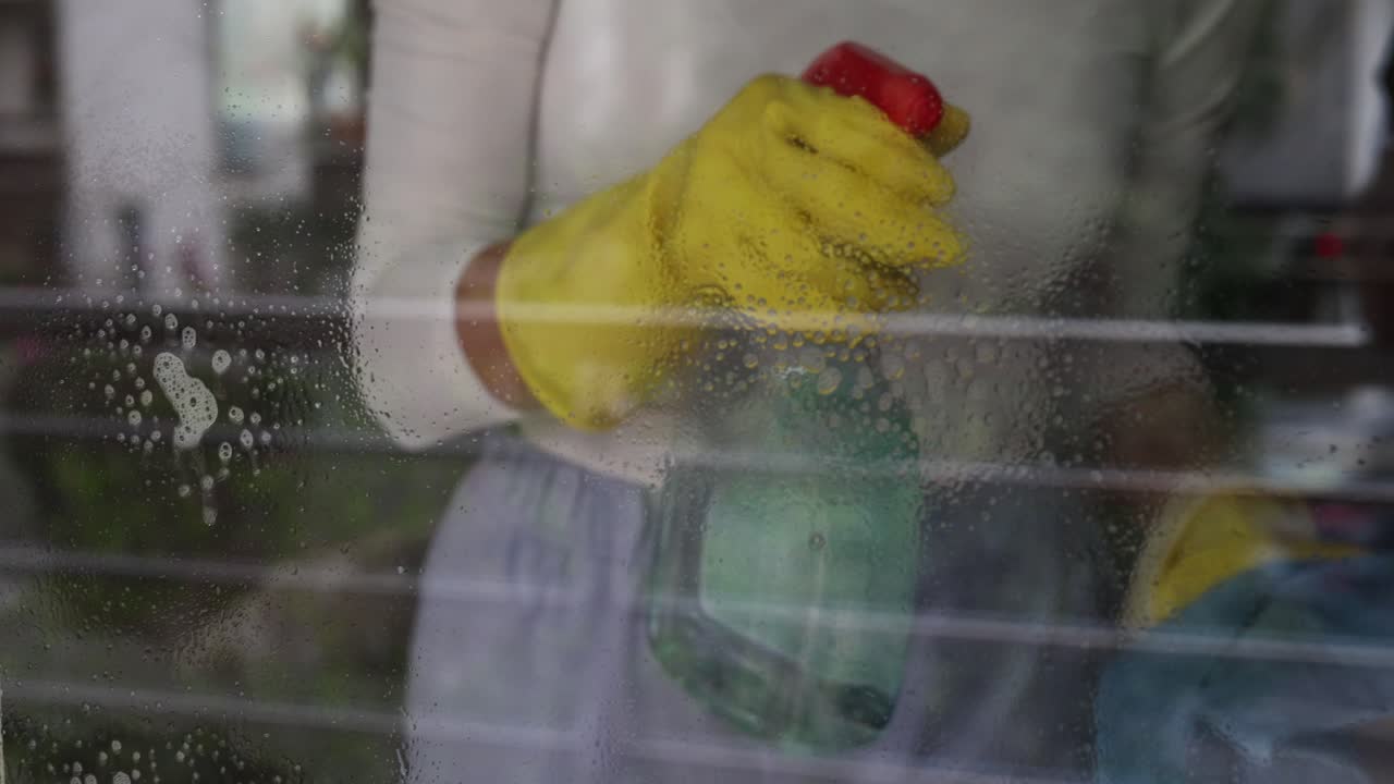 mujer, trabajo doméstico y concepto de limpieza doméstica - mujer con guantes limpiando ventanas con trapo y spray de limpiador en el hogar