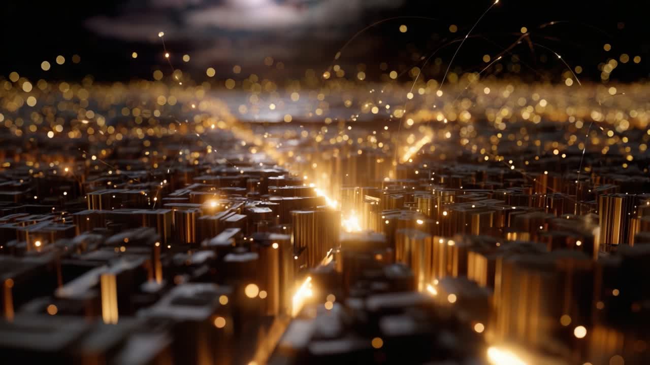 Una visualizzazione straordinaria di un dinamico paesaggio urbano illuminato da luci scintillanti e colori vivaci in un ambiente digitale mozzafiato