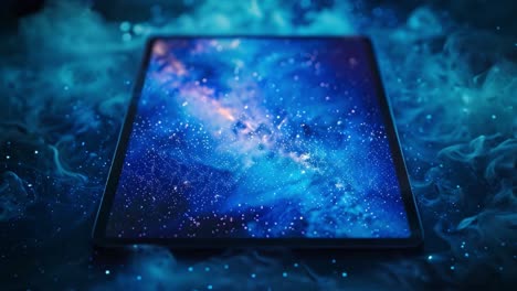 tablet displaying a cosmic galaxy scene surrounded by blue mist