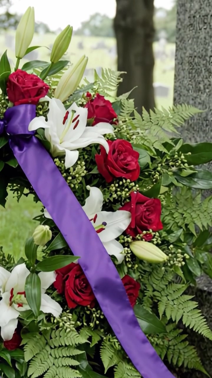 Un hermoso arreglo floral con rosas rojas y lirios blancos, adornado con una cinta morada, sirviendo como homenaje en un tranquilo cementerio.