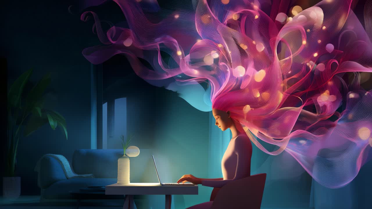 A Creative Exploration of Imagination and Expression: A Stylized Portrait of a Woman Surrounded by Colorful Abstract Hair in a Cozy, Atmospheric Setting