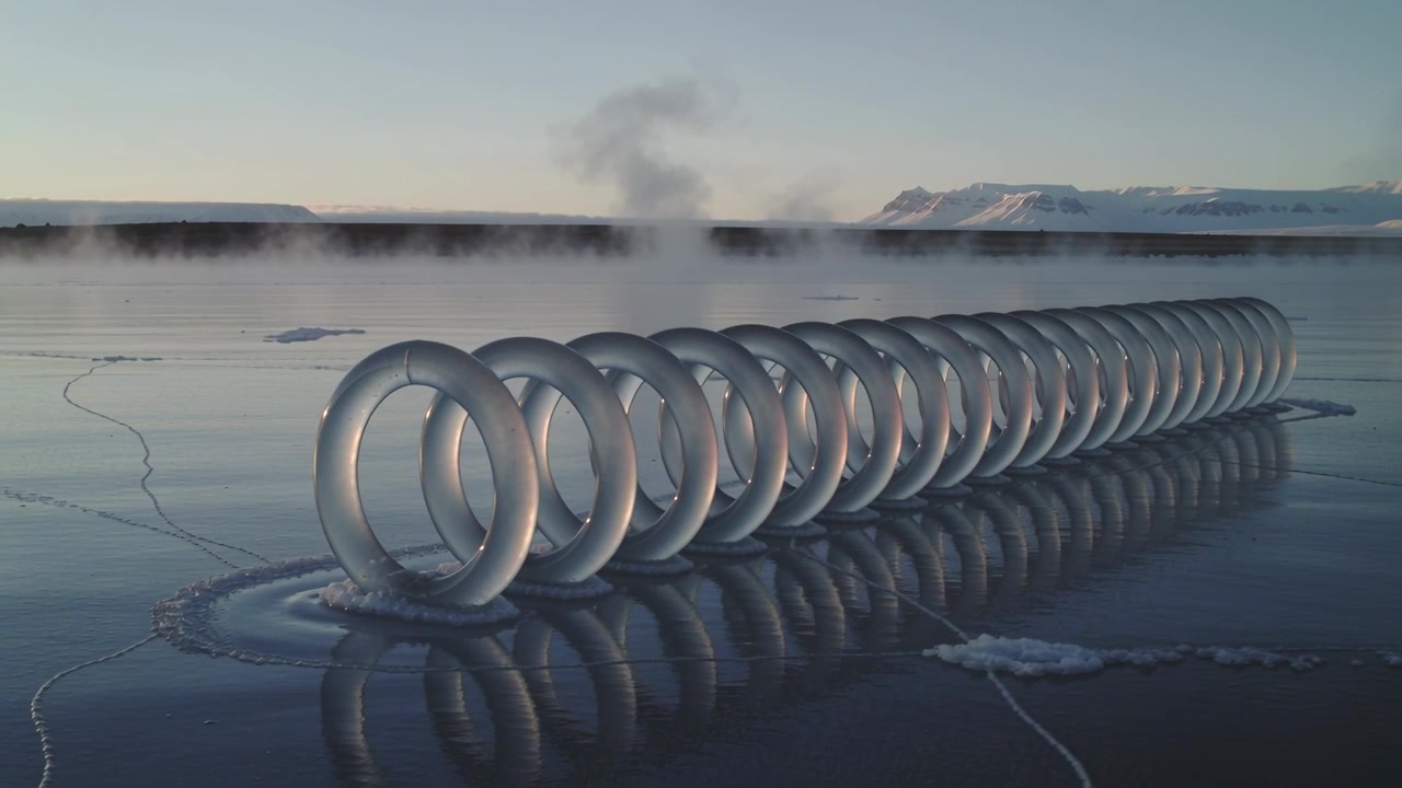 Surreal Digital Art Installation of Glowing Rings on Frozen Lake