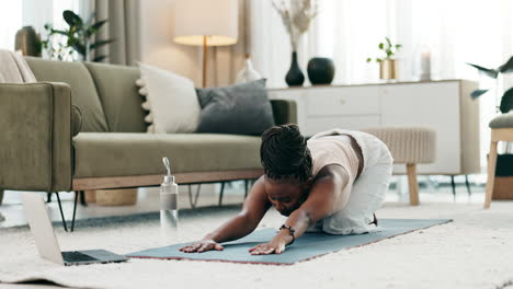 Yoga,-laptop-or-black-woman-stretching-in-home