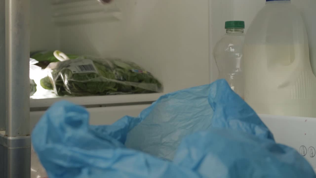 Hands putting healthy groceries into a fridge close up shot