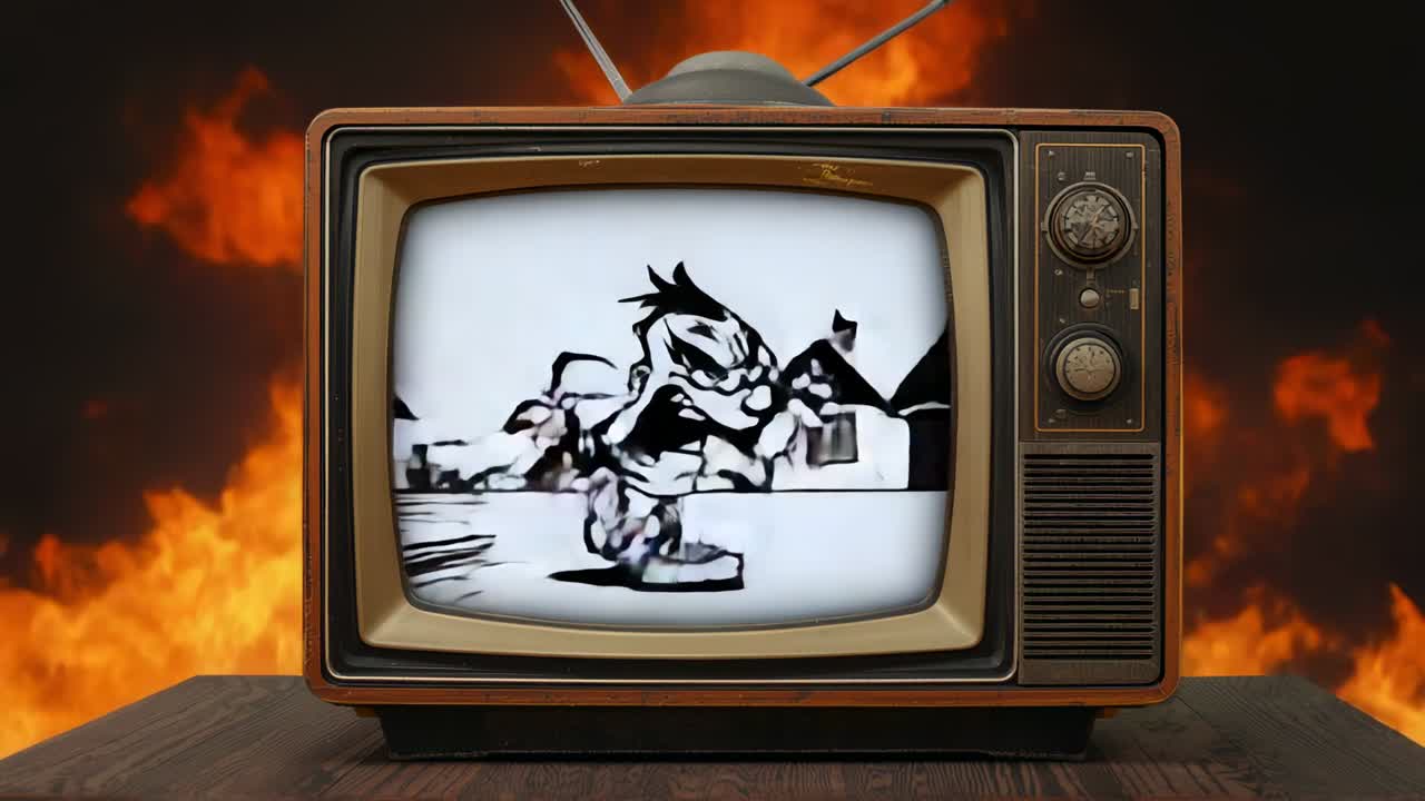 Ahşap masa üzerinde, efekti için anteni olan nostaljik bir televizyonda koşan-zıplayan bir çizgi film döngüsü başlıyor.