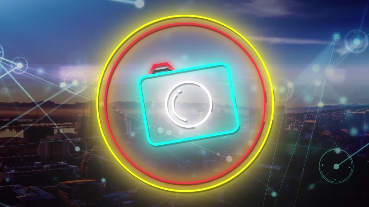Animation of network of connections over cityscape and camera icon