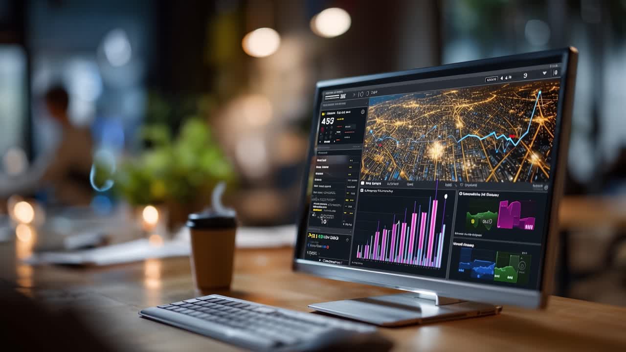 Analyzing Data Trends on a Modern Computer Screen with Graphs and Analytics Visualization in a Stylish Workspace Environment