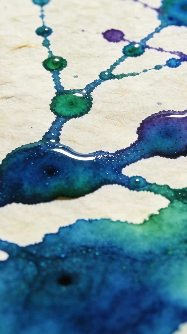 Video verticale: Pigmenti verde acqua e viola che si diffondono a contatto con carta bianco sporco, mostrando la diffusione.