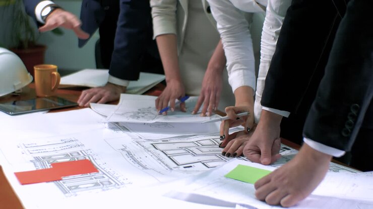 Reunión de negocios y revisión de planos