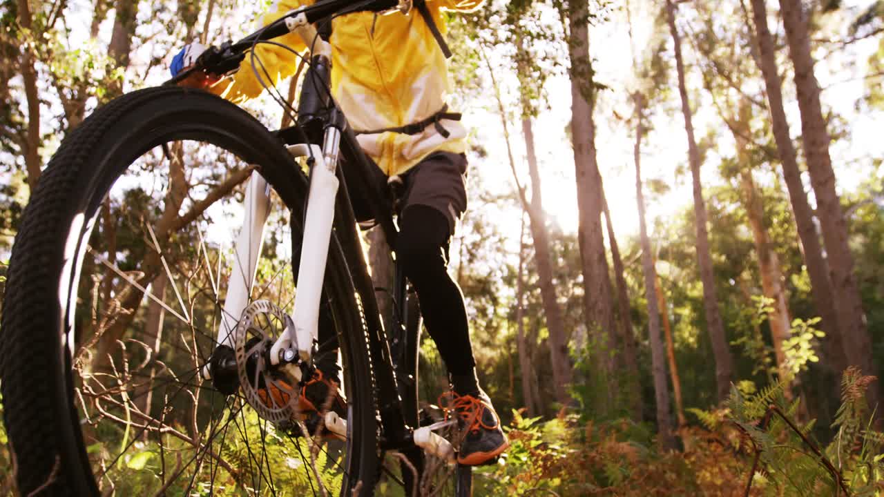 bicicleta de montaña femenina cabalgando en el bosque