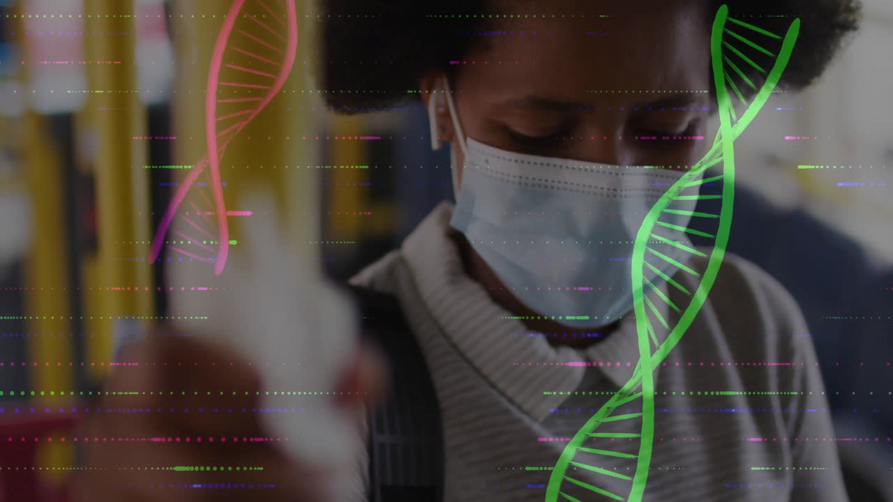 Woman commuter gripping yellow rail scrolling smartphone pulsing DNA helix scanning biometric data