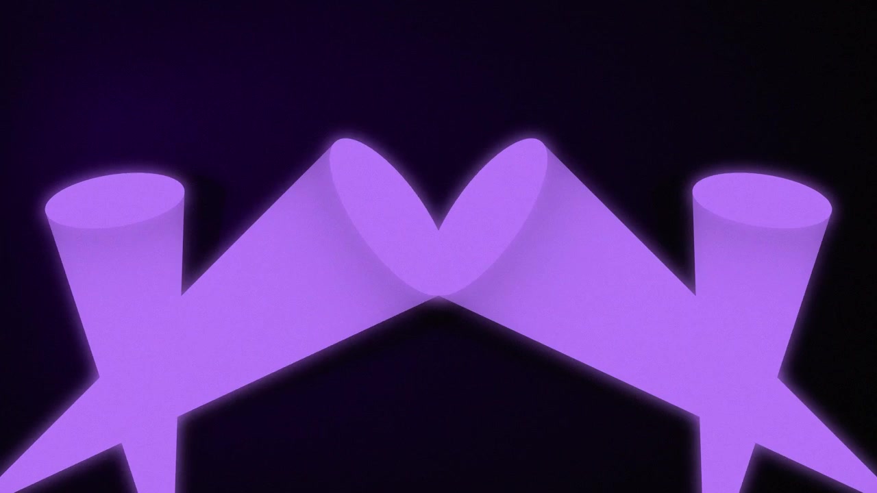Animated glowing pair of stage spotlights beaming projector icons against a dark gradient grainy background abstract cinematic visual effects and digital shape graphics in vibrant colours purple