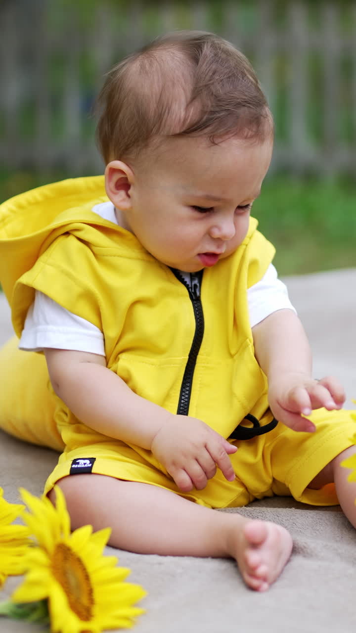 One year old toddler sitting outside is busy with a lace on his clothes. Female hand shoves a sunflower to the kid but he doesn't want it. Blurred backdrop. Vertical video