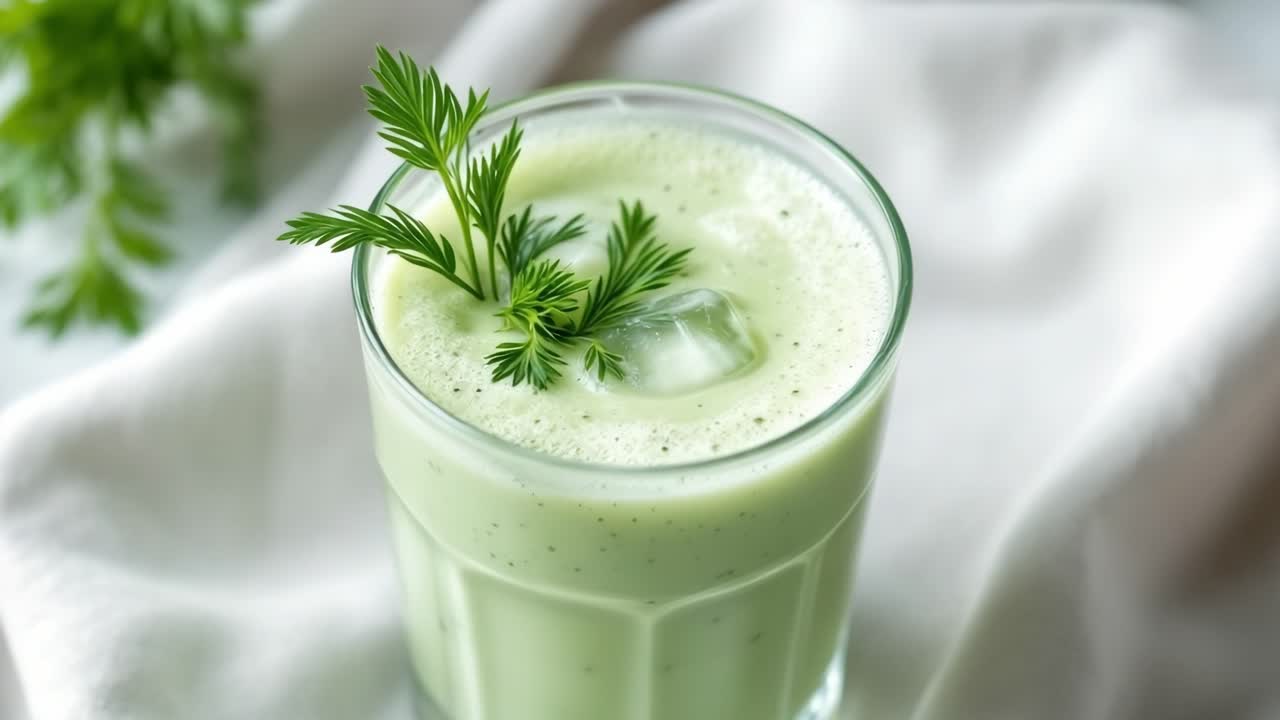 Glass filled with a vibrant green smoothie, garnished with fresh carrot leaves and ice cubes, set against a clean white background