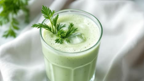 glass filled with a vibrant green smoothie, garnished with fresh carrot leaves and ice cubes, set against a clean white background