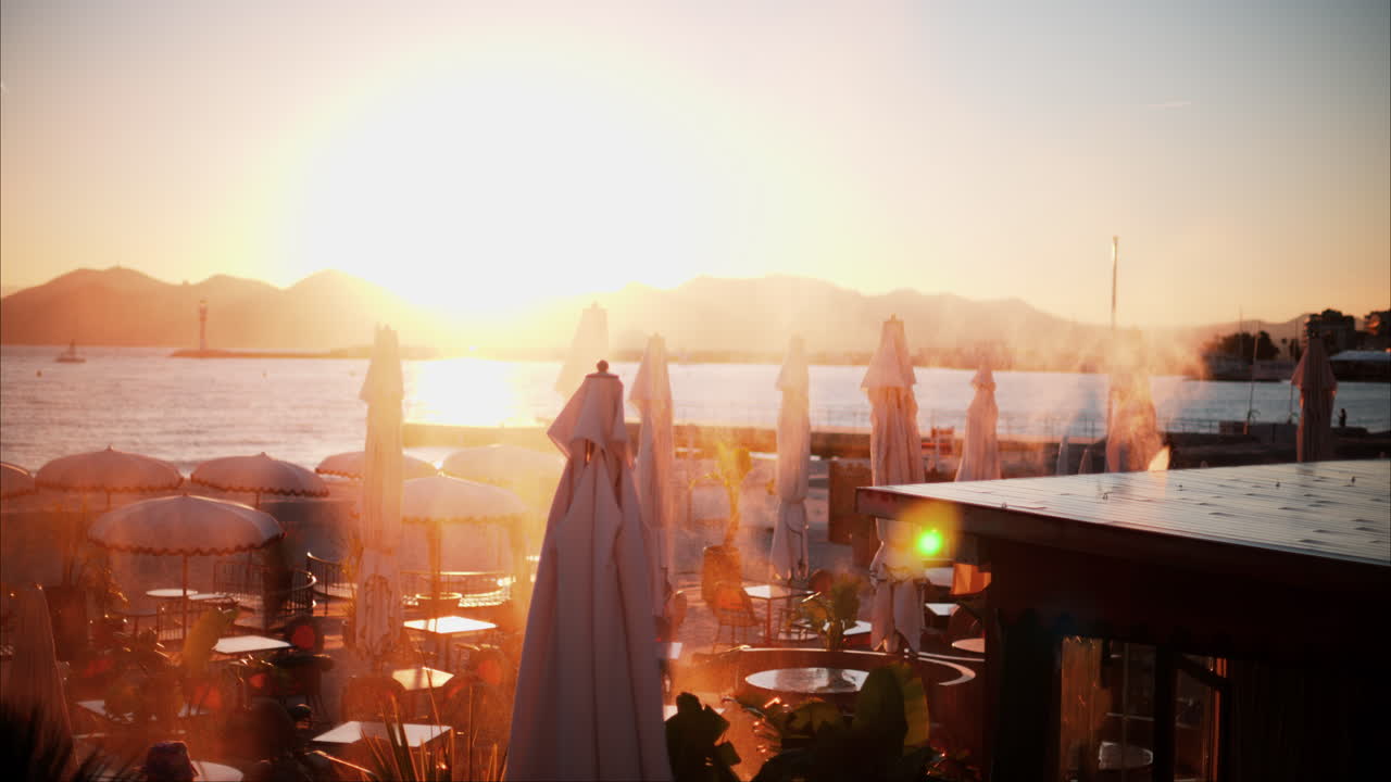 View of a beach in the French Riviera at sunset