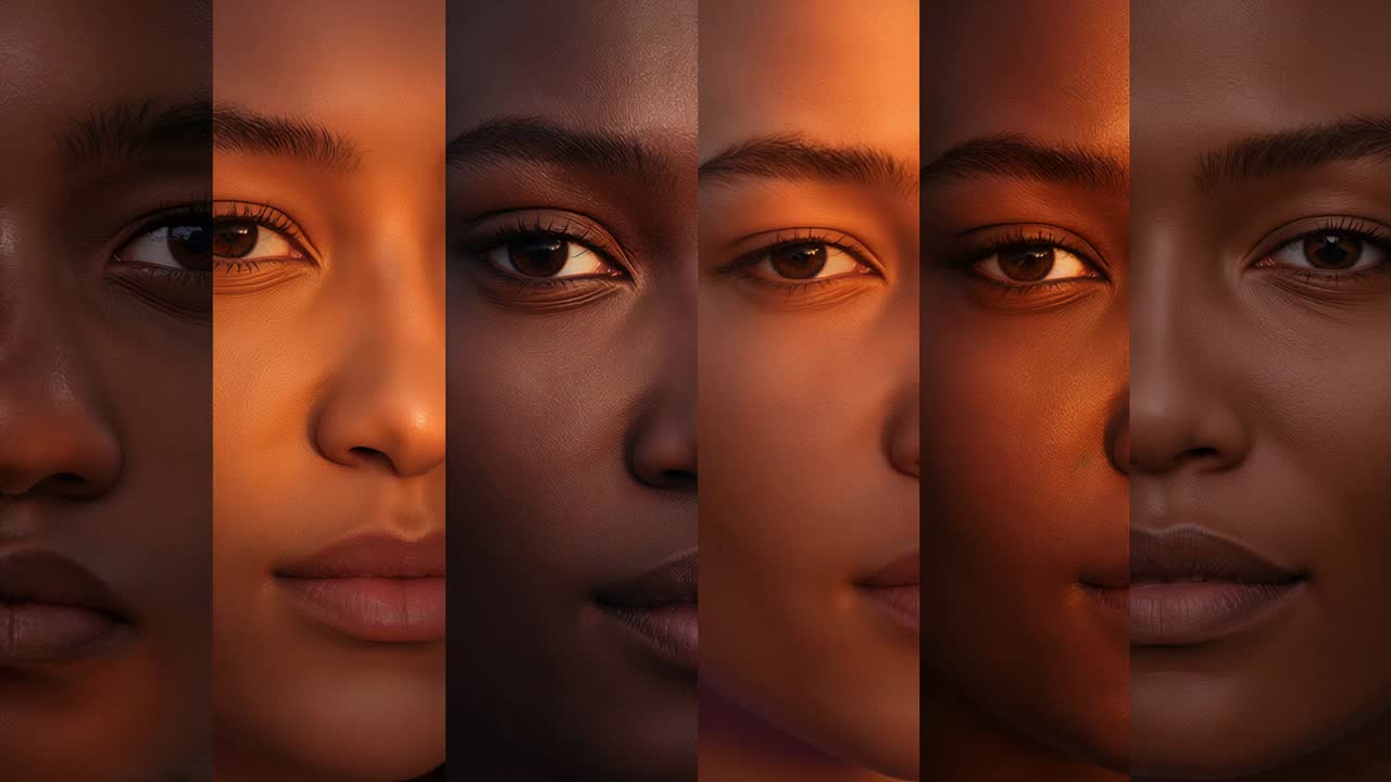 Playing 5-panel calm montage showing female faces closing, opening eyes in studio warm key light