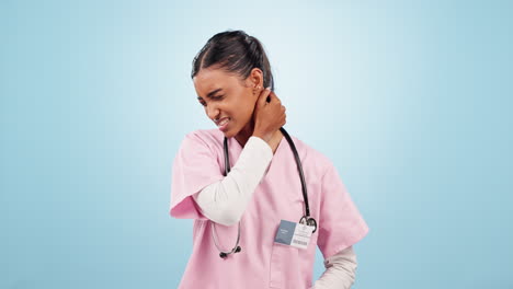 Neck-pain,-stress-and-woman-doctor-in-studio