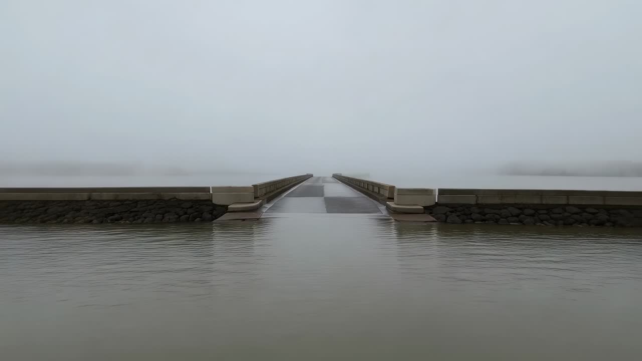 Starting camera traveling along low concrete causeway at foggy coastal crossing, wet road