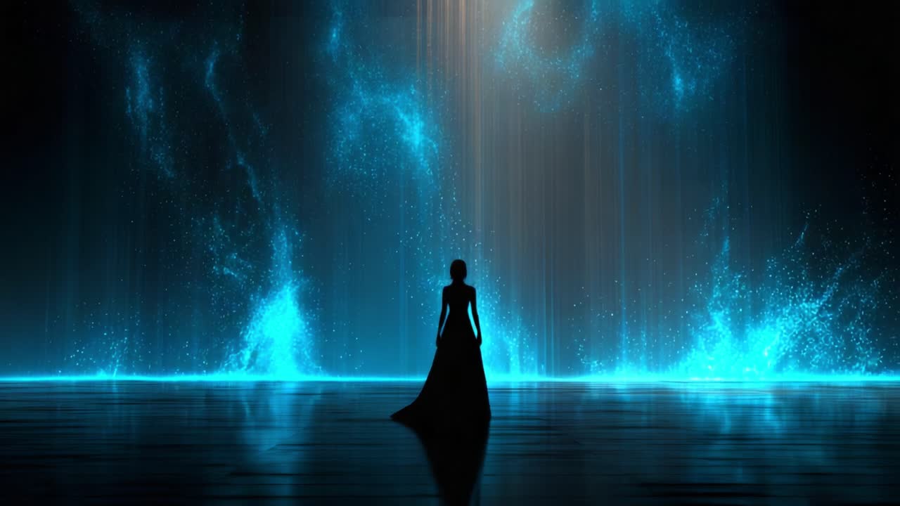 A captivating silhouette stands before a mesmerizing display of shimmering blue light and cascading water, embodying the essence of beauty and tranquility in a vibrant, ethereal setting