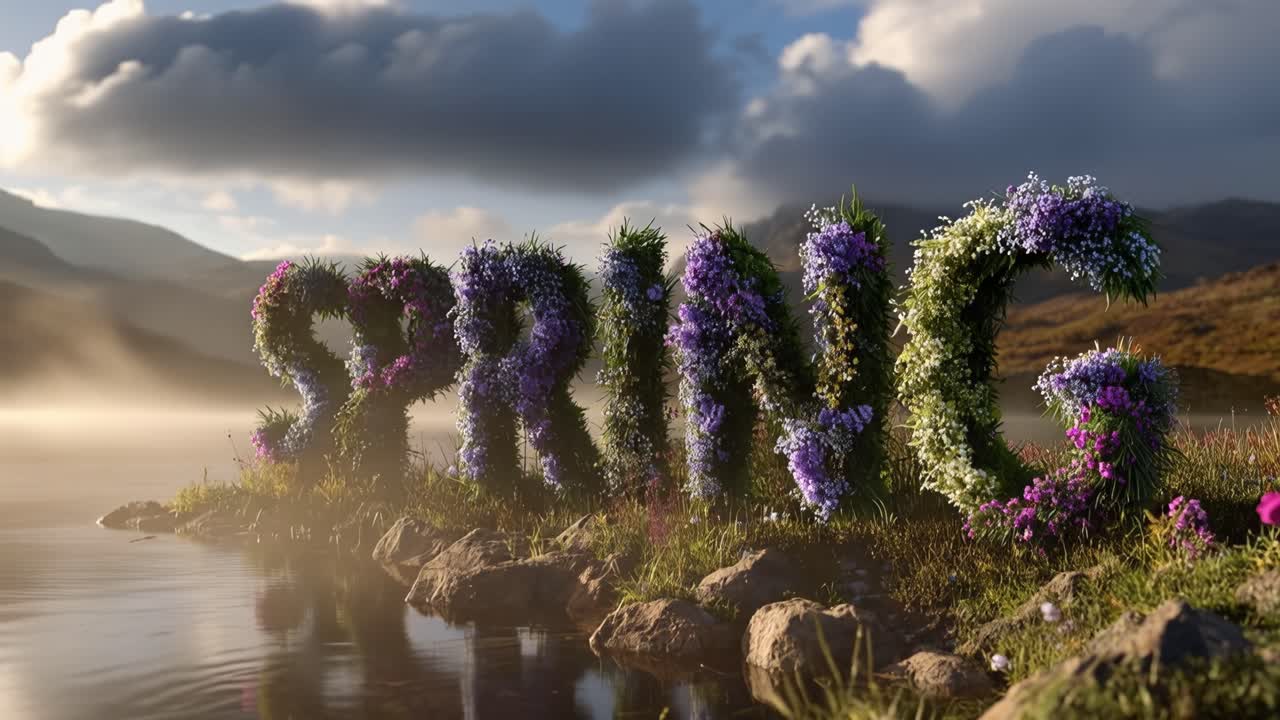 Glowing letters form "SPRING" with wildflowers blooming lushly. Mist rolls gently across the lake, reflecting soft light. Rocks line the shore, framing the word against distant mountains