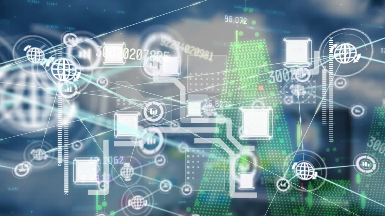 Animation of network of connections with icons over data processing