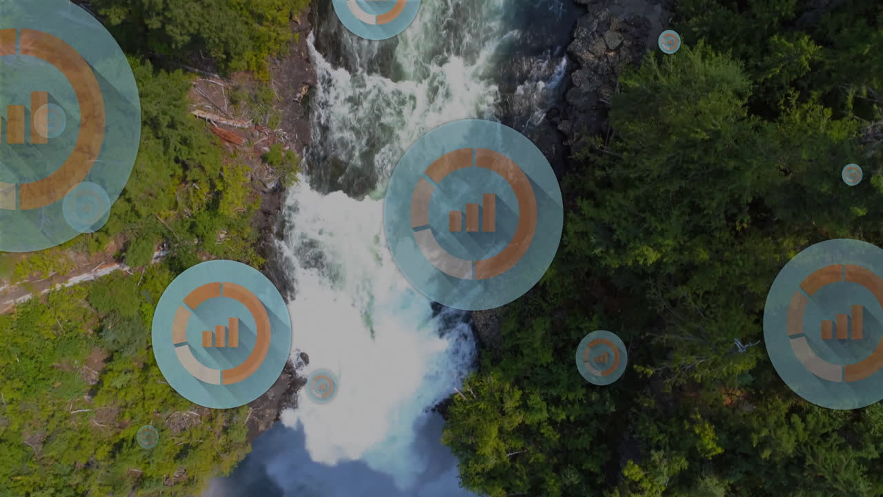 animación de círculos con diagramas sobre el paisaje