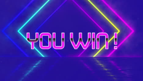 animation of you win text over neon shapes on blue background