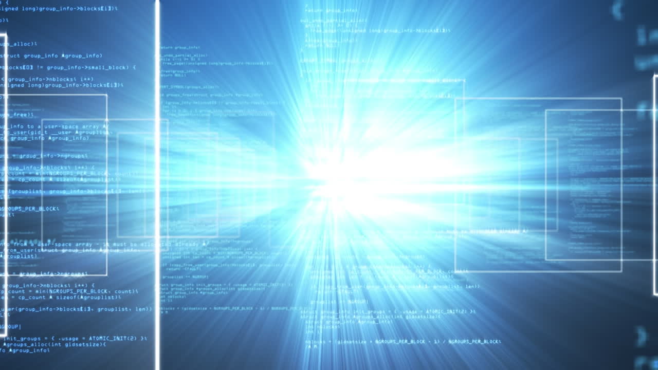 Animation of computer data processing over glowing blue background