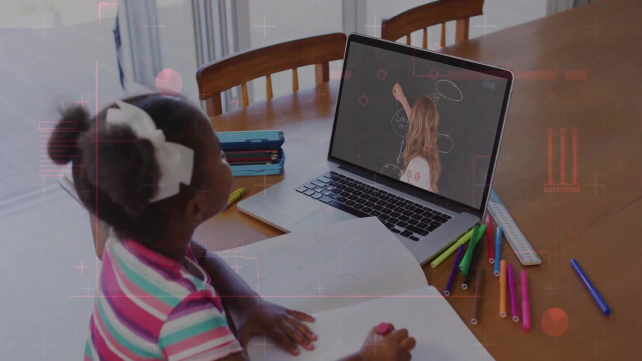 student writing on notebook via laptop, teacher drawing diagram on education board with chart icon