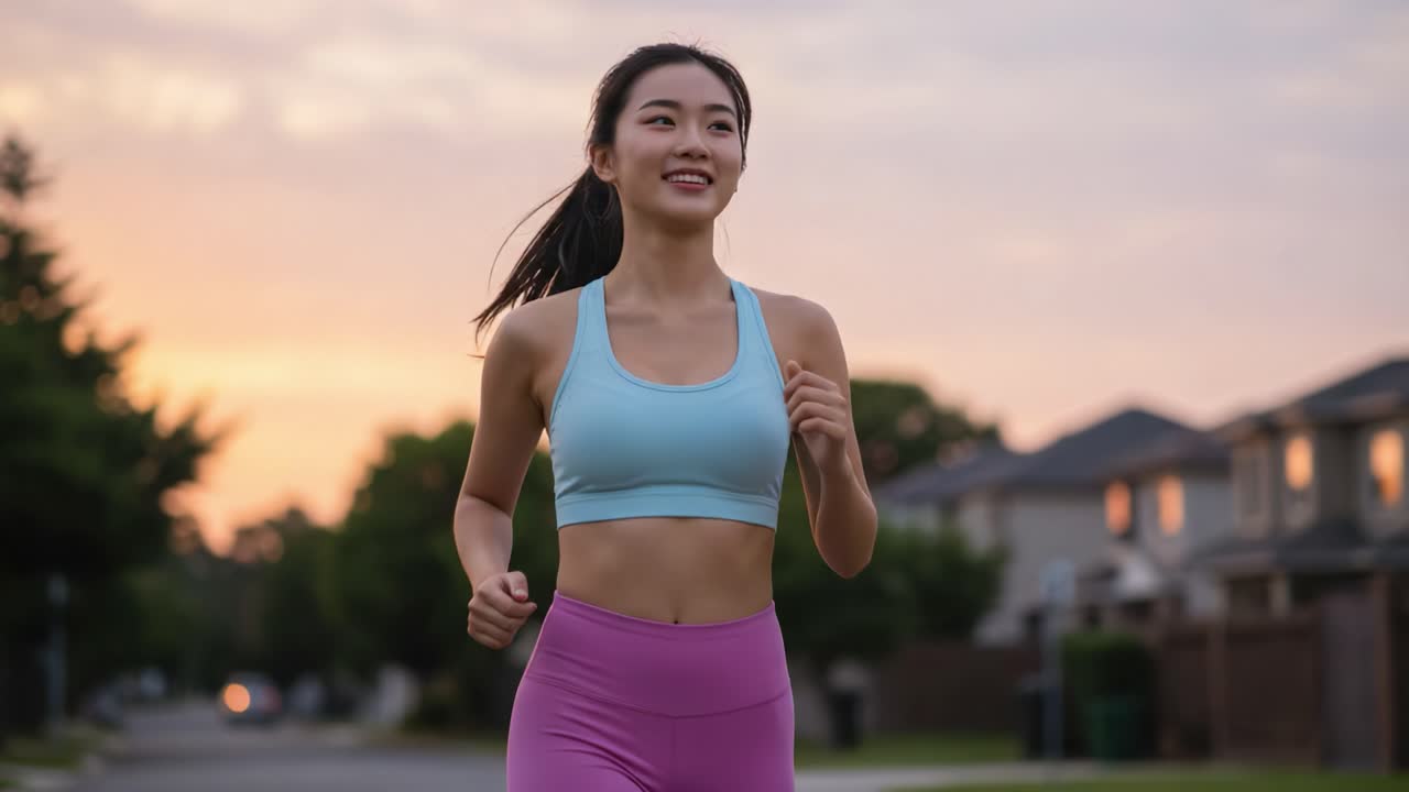 A woman enjoys a lively jog during sunset in a serene suburban neighborhood, combining fitness and mindfulness in a picturesque outdoor setting