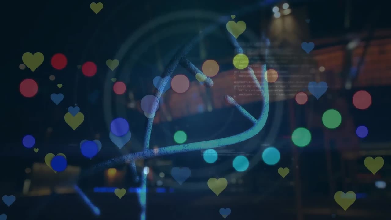 dna 나선을 형성하는 원의 애니메이션, 추상적인 배경에 있는 dna 나선의 텍스트를 식별합니다.