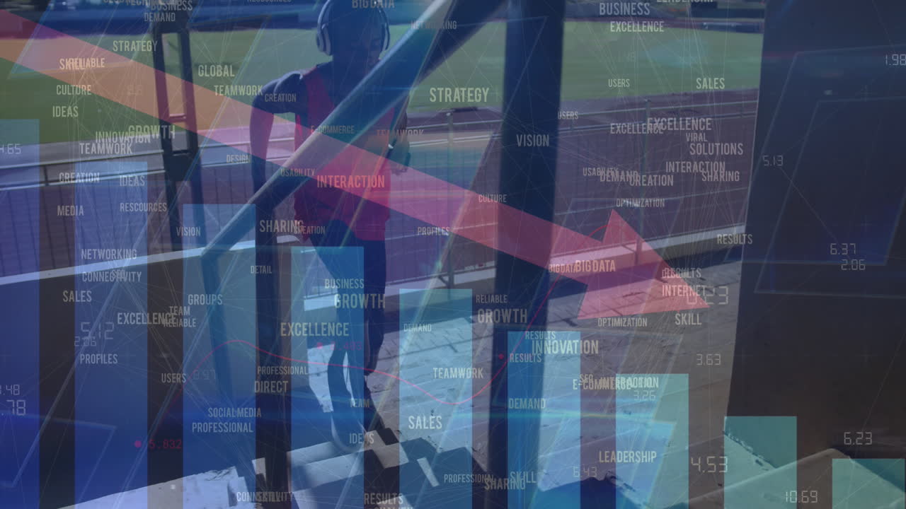 달리기 트랙에서 달리기 블레이드를 가진 장애인 남성 운동선수 위에 화살표가 있는 통계의 애니메이션