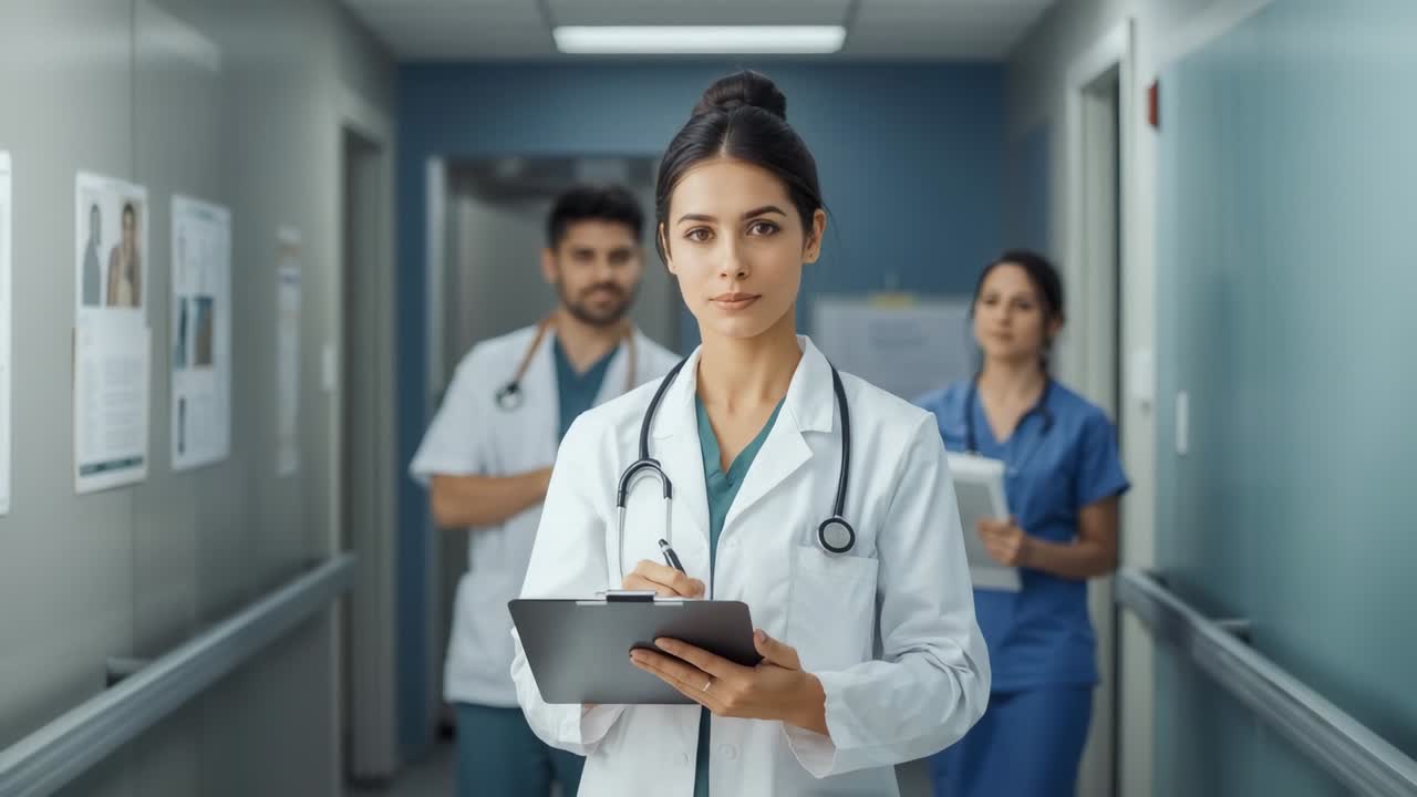 Leading female physician walking hospital corridor with clipboard and pen recording patient data