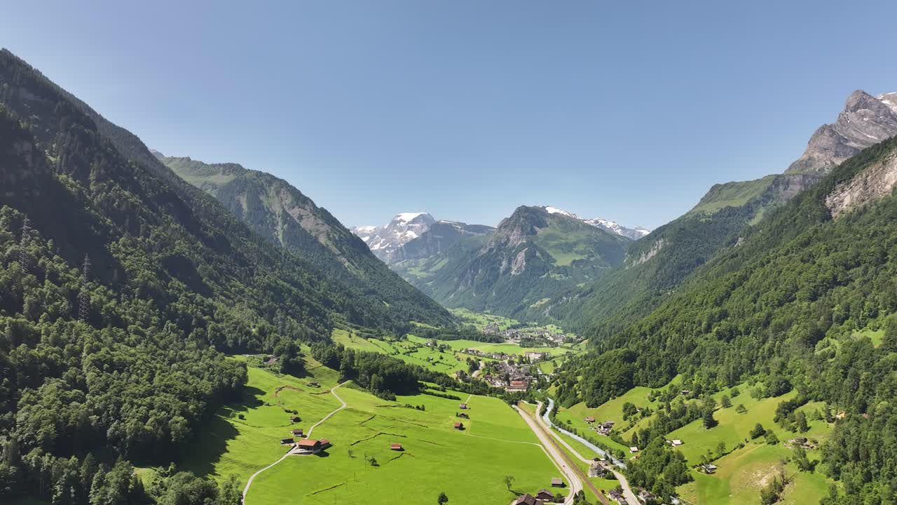 Magical panoramic aerial view of Betschwanden valley with Tödi mountain in Switzerland
