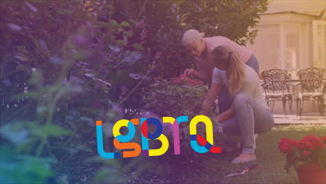 lgbtq text animation over people gardening in lush green garden