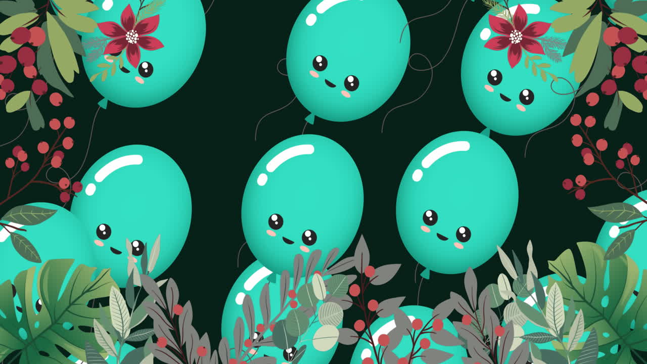 Animation of blue balloons flying and flowers over black background