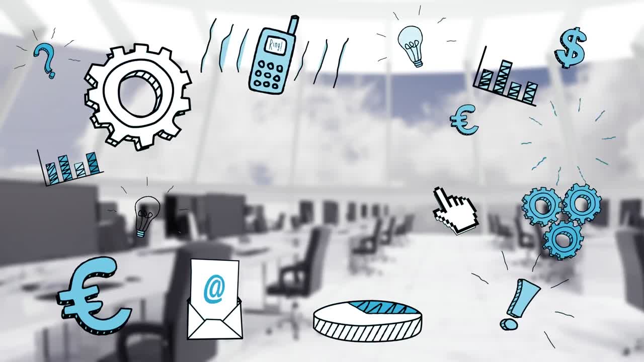 비어있는 사무실 위로 이동하는 비즈니스 아이콘의 애니메이션