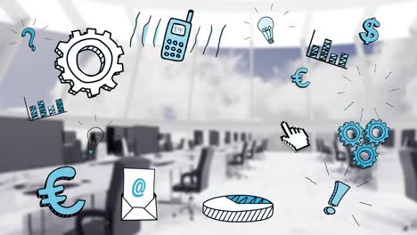 animación de iconos de negocios que se mueven sobre la oficina vacía