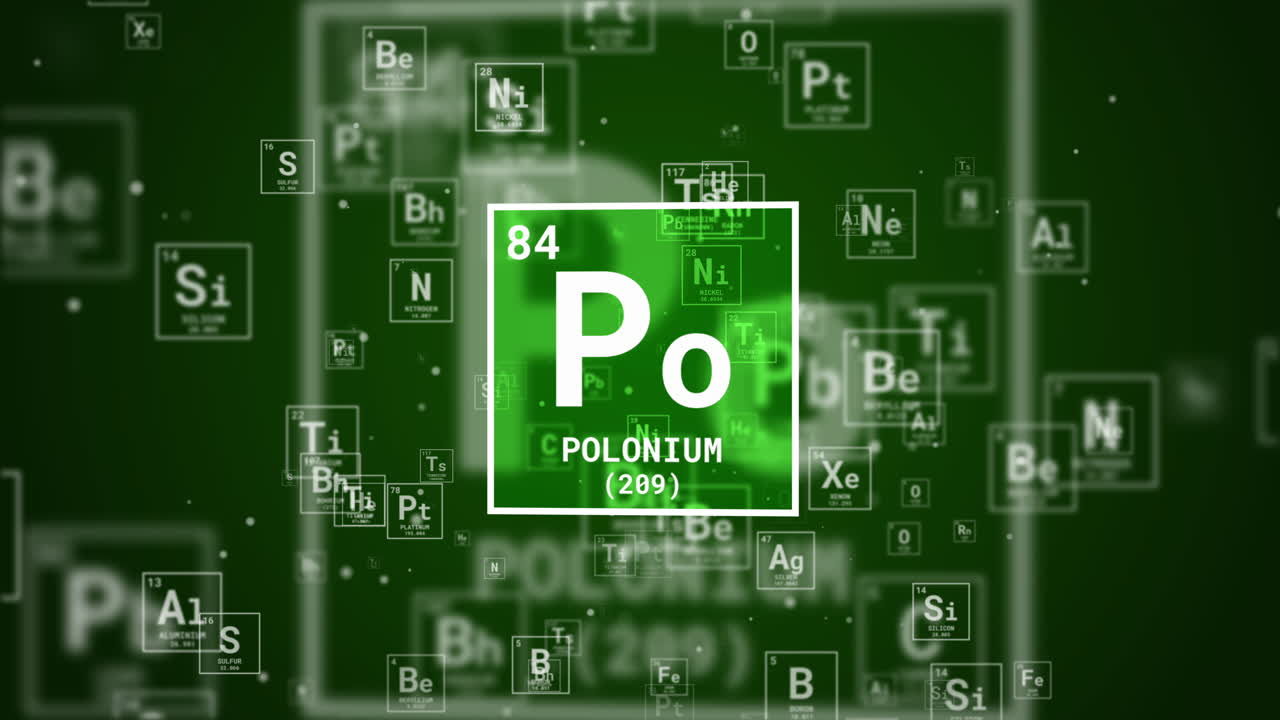 A graphic symbol of the chemical element polonium in a green square on a background of floating elements of the periodic table. Looped animation.