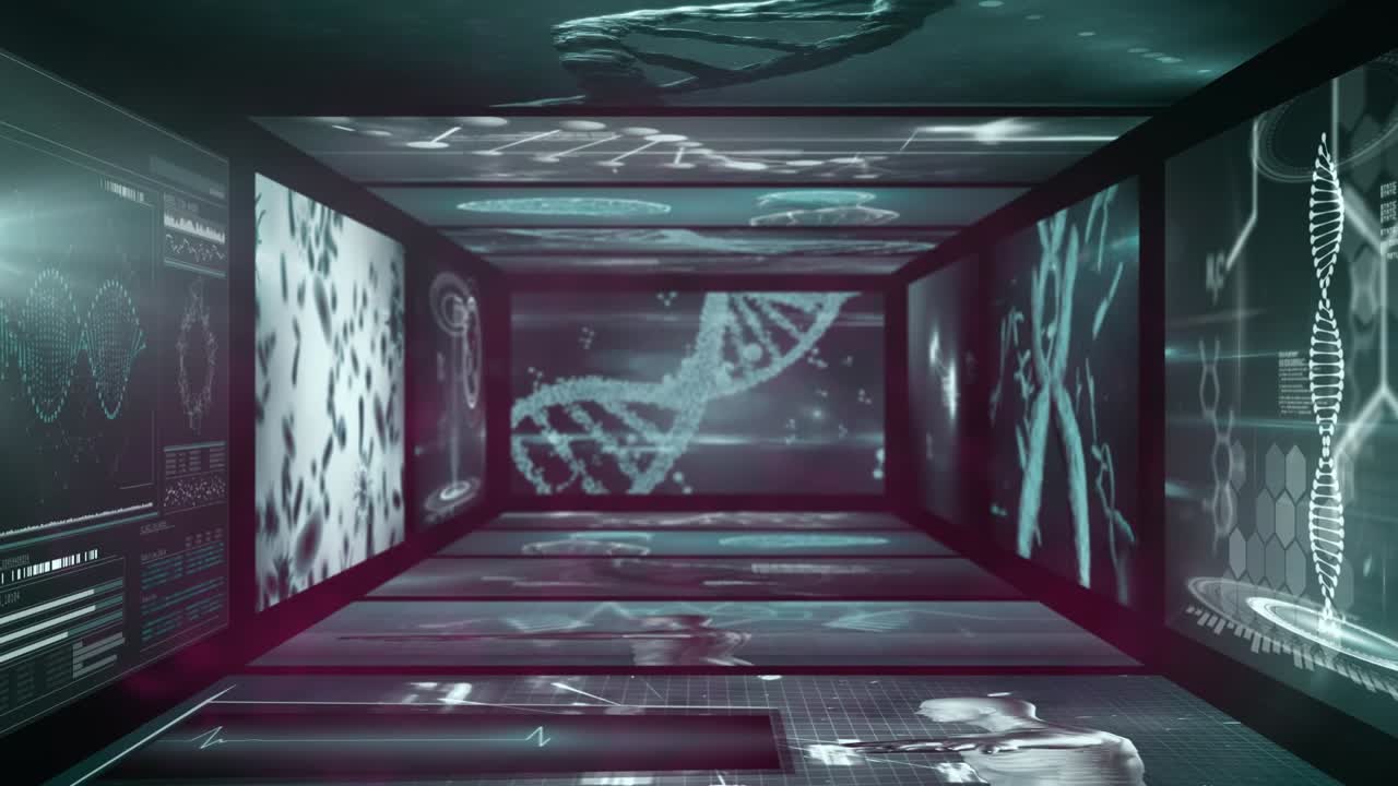 Animation der biologischen Datenverarbeitung in einem Tunnel aus Bildschirmen auf schwarzem Hintergrund