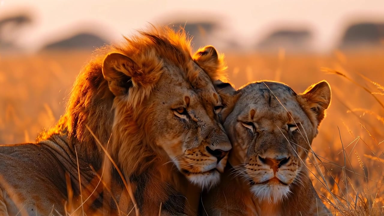 Leone maschio e leonessa sdraiati insieme nella savana dorata. Un leone maschio e una leonessa seduti vicini nell'erba alta e secca durante un tramonto dell'ora d'oro in Africa.