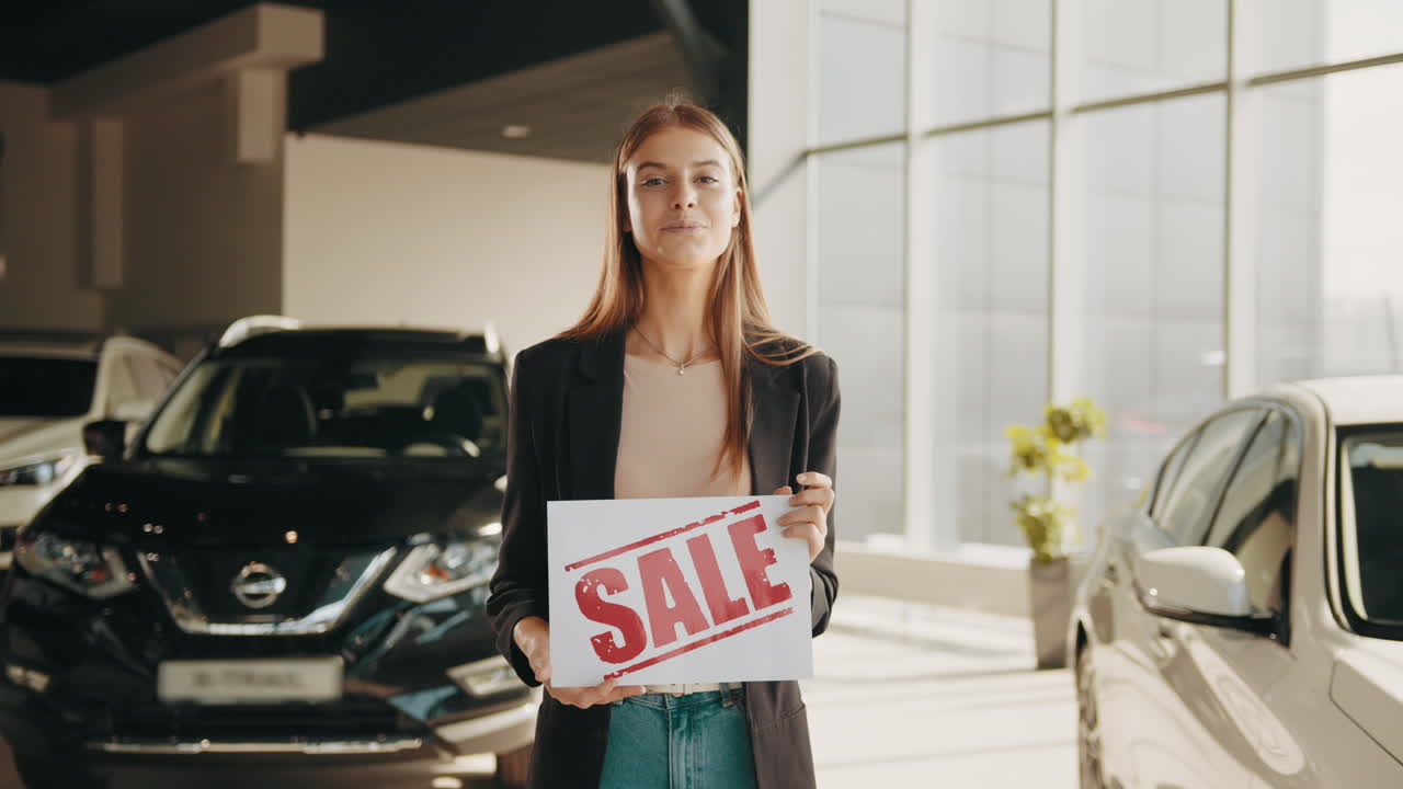 mujer sosteniendo un letrero de venta en un concesionario de automóviles