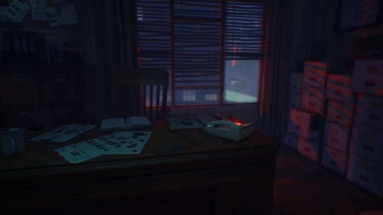 Mysterious office with papers and dim lighting during late evening hours