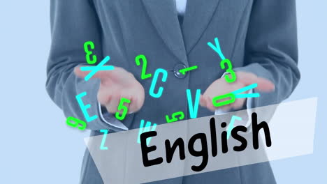 animation of english text over letters and caucasian female teacher