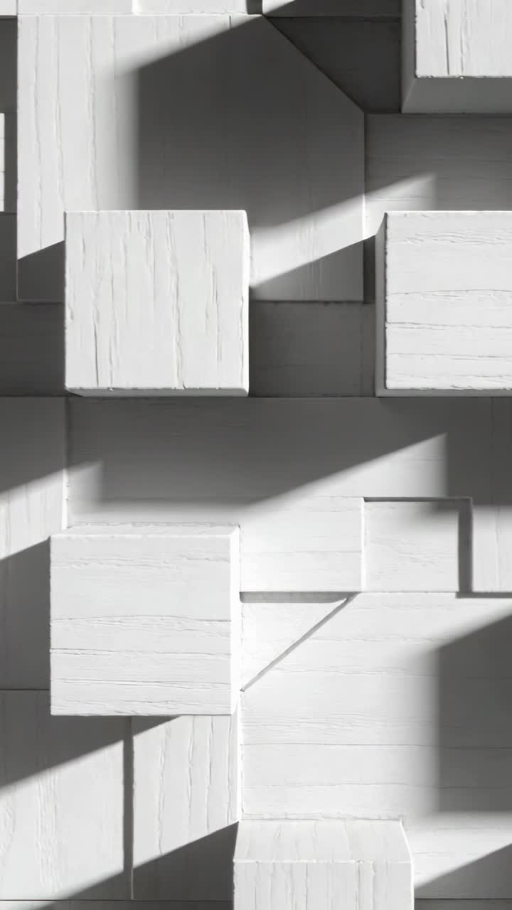 Video verticale: Bande d'ombra diagonali proiettate su un rilievo a blocchi bianchi sulla parete, che mostrano le venature del legno