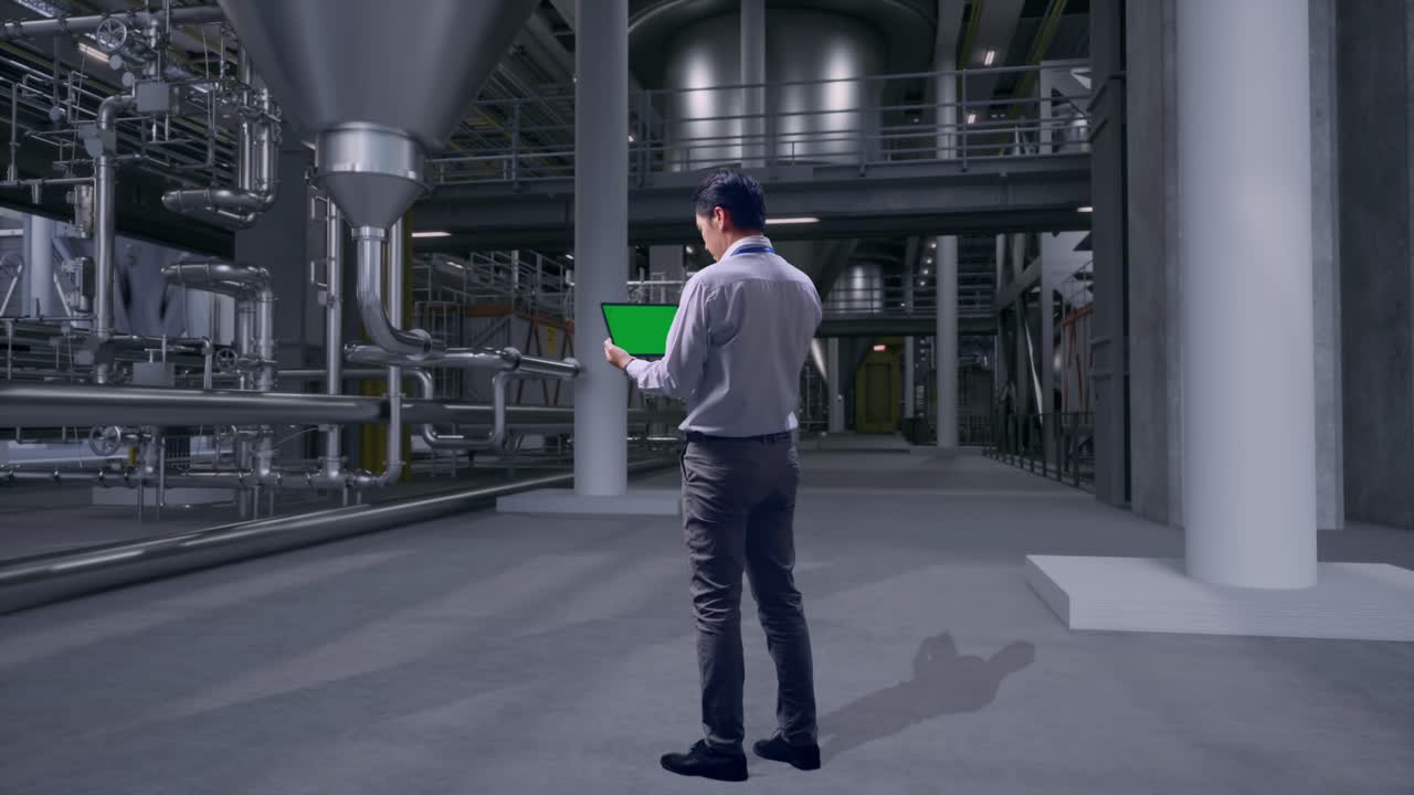 Full Body Back View Of An Asian Male Professional Worker Standing With Green Screen Tablet in Distillery Interior with Large Fermentation Tanks, Industrial Facility