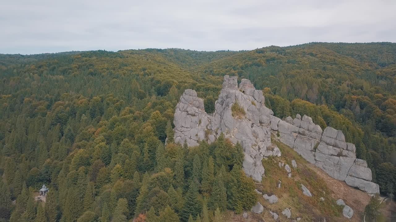 impresionante toma de avión no tripulado de las colinas de las montañas en el bosque. otoño. vista aérea
